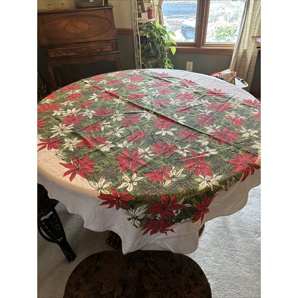 Vintage Poinsettia Cotton Tablecloth 62 X 49 Red Green & White Holiday Christmas